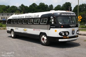 Riding in style in a 1947 touring bus.