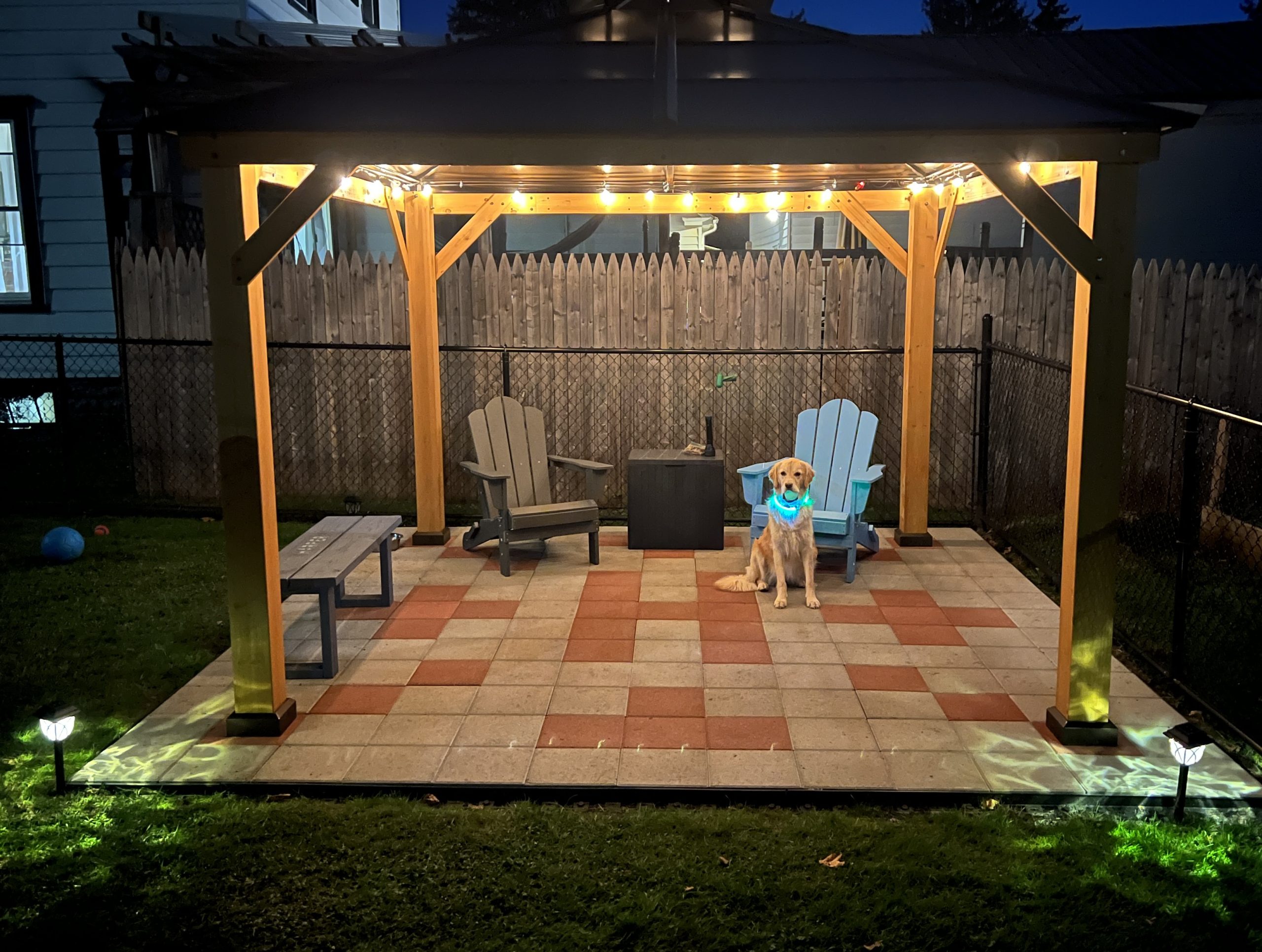 Pavilion and patio with lights