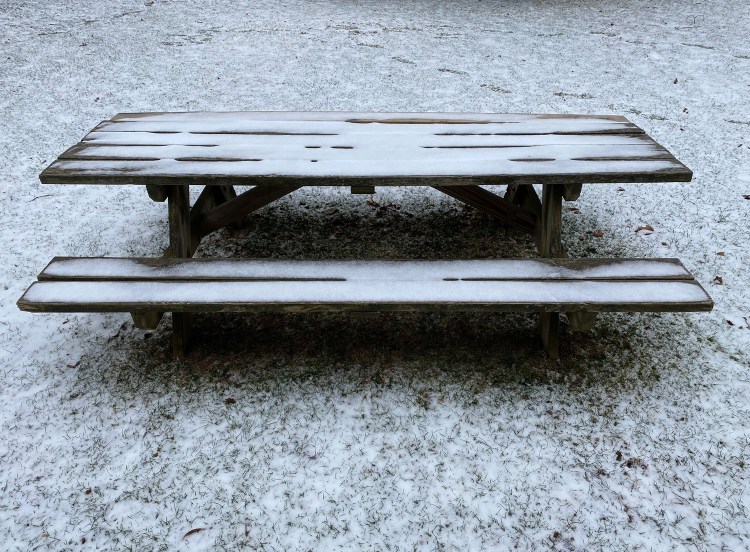 Snow covered picnic table
